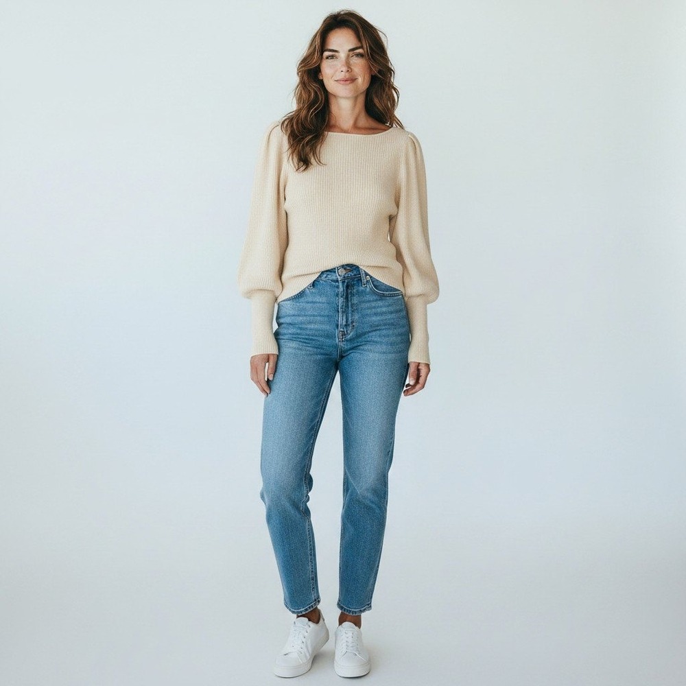 French Connection Cream Ribbed Puff Sleeve Boat Neck Sweater 78RBU Medium